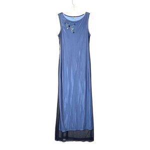 Vtg Y2K Rampage Maxi Sleeveless Dress Blue Mesh Floral Appliqué Stretch Grunge 9